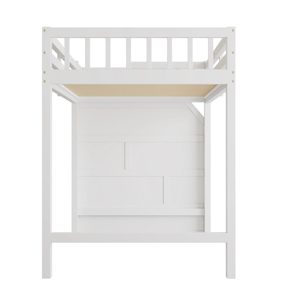 Letto a soppalco ULEVR 90x200 cm con rete a doghe, protezione laterale e scala contenitore, bianco