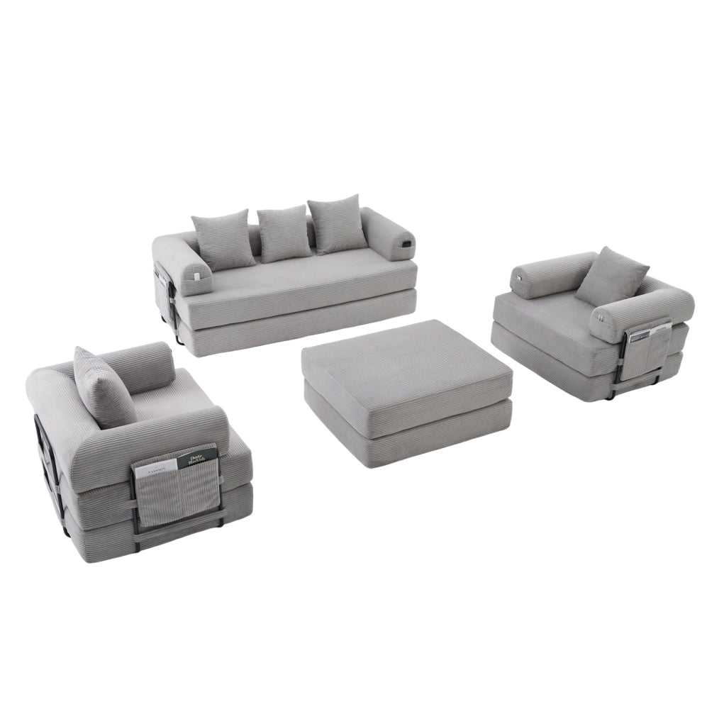 Set divano modulare in velluto a coste grigio chiaro con pouf