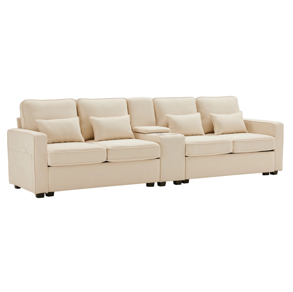 Divano a 4 posti con console; portabicchieri; USB e tasche laterali; beige