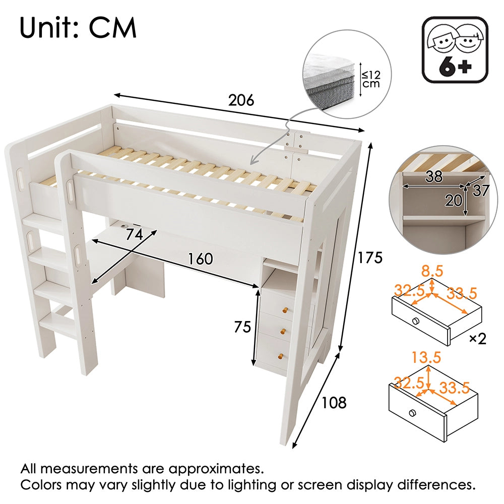 Letto a castello-Xylo-90x200 cm-scrivania L, ripiani, cassetti, USB/Type-C, bianco