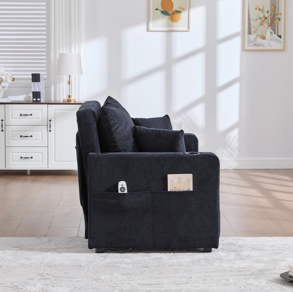 Divano letto 139x73x83 cm nero, USB, portabicchieri, tessuto chenille