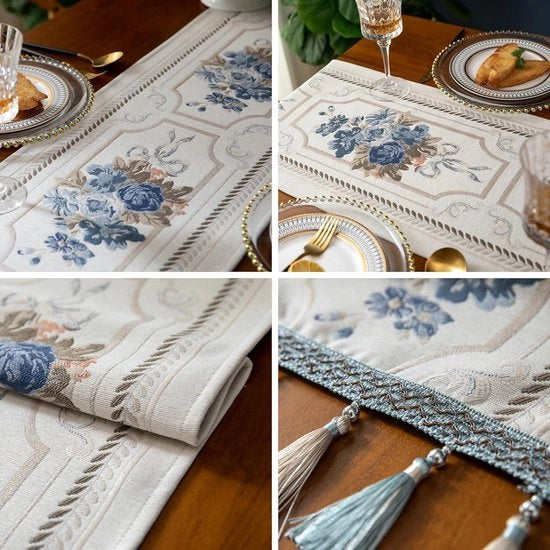 Tavolo da pranzo elegante con bordatura jacquard - Tavolo da pranzo lussuoso con più pennelli - Bianco - Per soggiorno, festa e ricevimento - 356 x 1803 cm