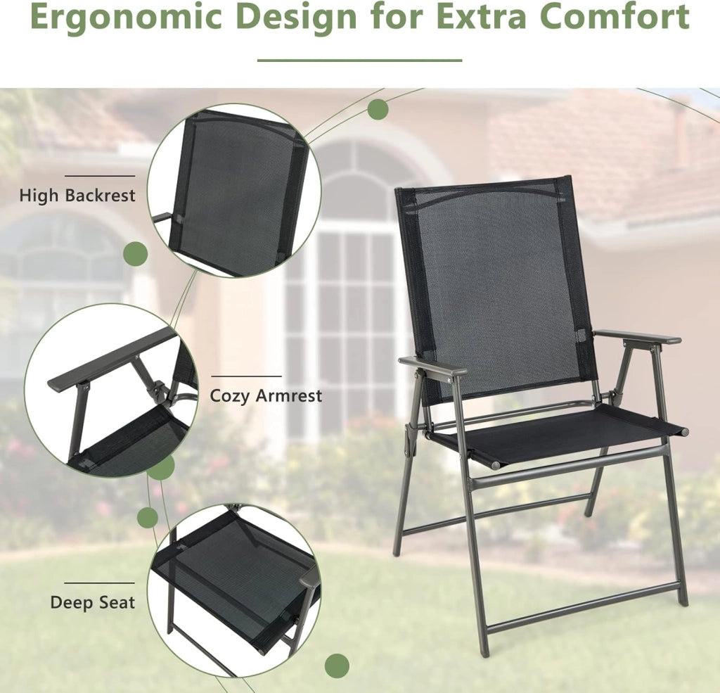Set di 4 sedie da giardino pieghevoli, con schienale alto e bracciolo, in metallo e tessuto, portata fino a 150 kg (nero, 2)