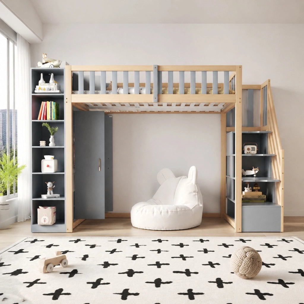 Letto a soppalco 90x200 cm con armadio e scale, grigio