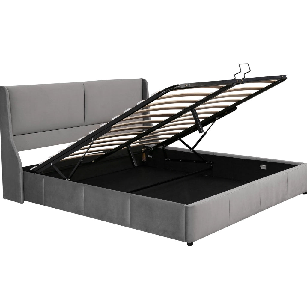 Letto imbottito 180x200 cm con contenitore grigio e meccanismo idraulico