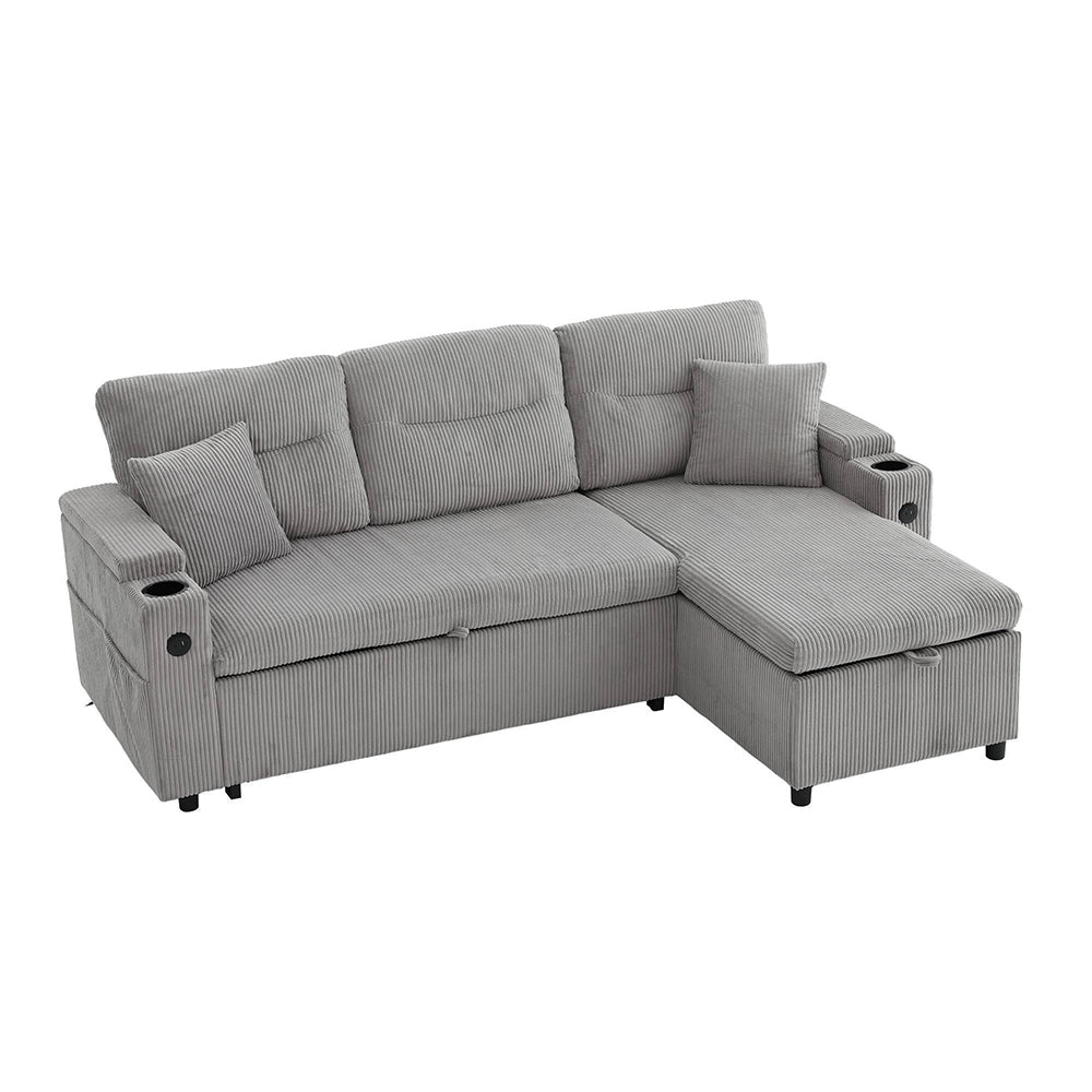 Divano moderno 3 posti - Xylo - Velluto costolato, spazio di archiviazione, porta bevande, USB-C, chaise longue idraulica, letto a cassetto