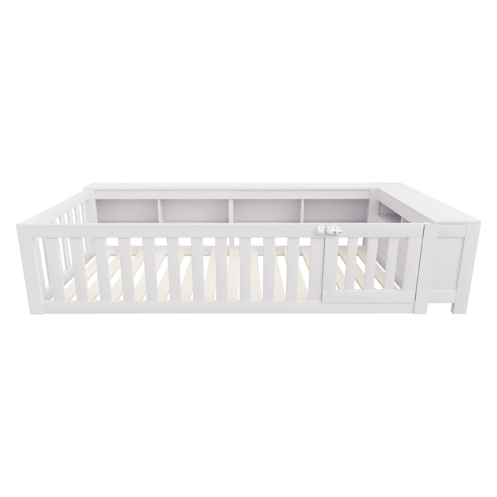 Letto bambino-Xylo-90x200 cm-barriera, scomparti, pino, bianco