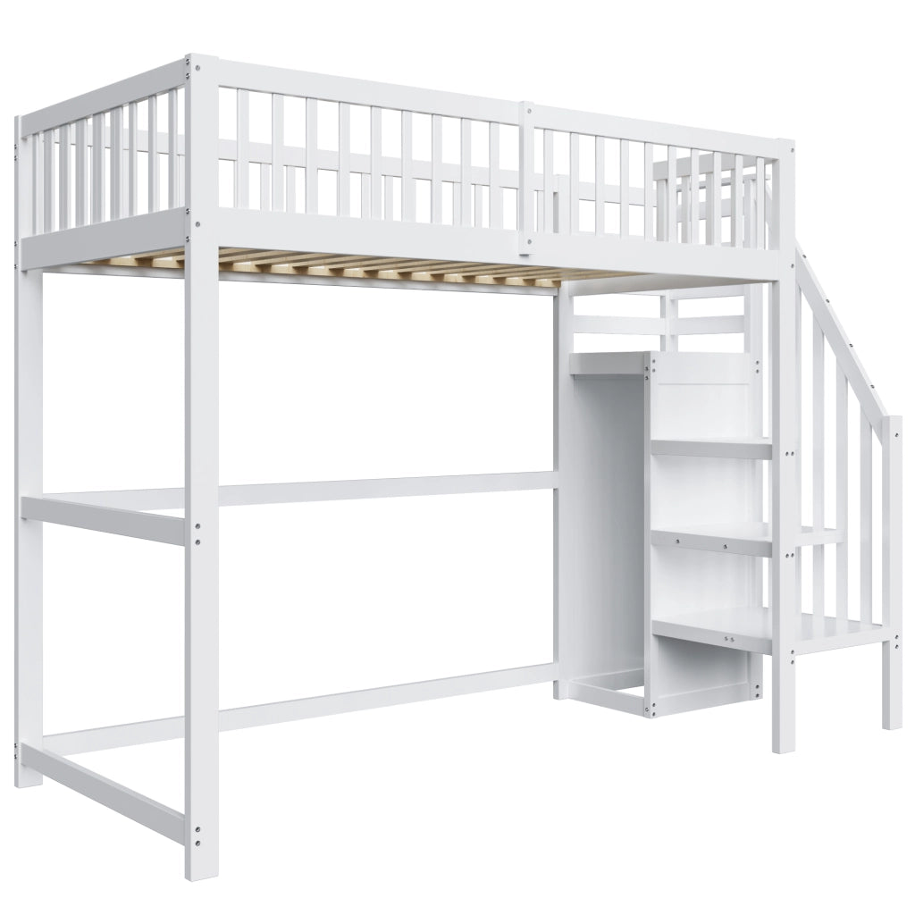 Letto a soppalco 90x200 cm in legno massiccio bianco con scala di sicurezza e armadio integrato