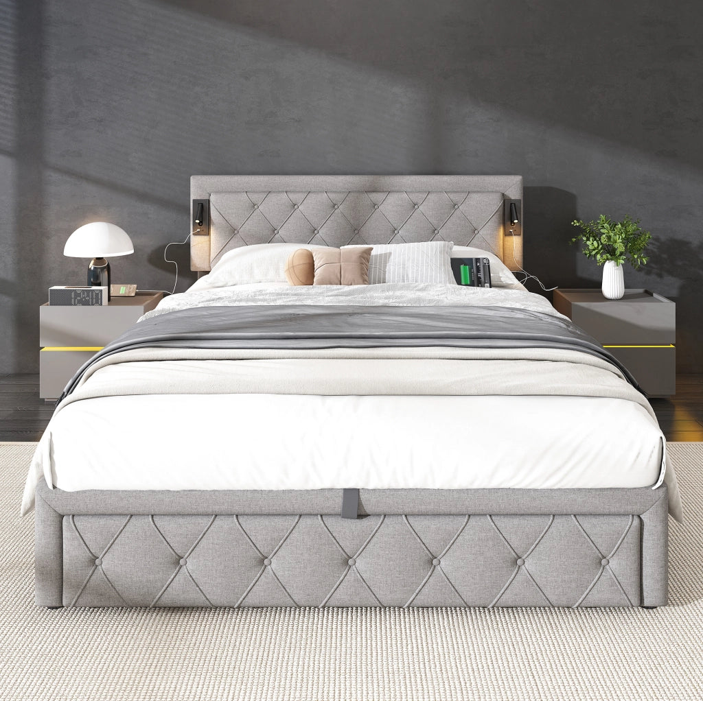 Letto matrimoniale imbottito con contenitore, illuminazione e prese USB grigio