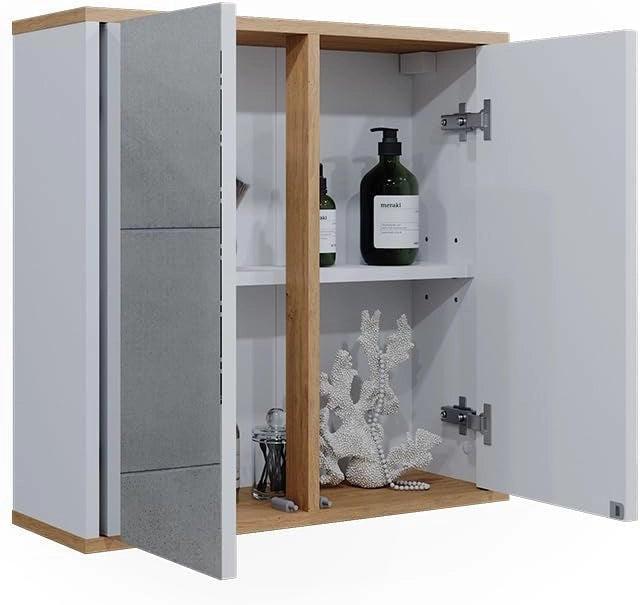 Specchio contenitore bagno Didi, Bianco/Artisan, 60 x 60 cm con due porte a specchio, per la conservazione di articoli da bagno e prodotti per la cura personale