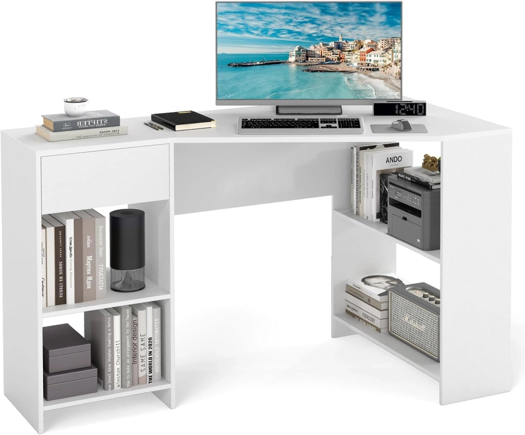 Scrivania ad Angolo per Computer 120 x 60 cm, Scrivania a Forma di L con Ripiani e Cassetto, Scrivania Angolare Gaming Salvaspazio per Ufficio, Studio e Cameretta, Bianco