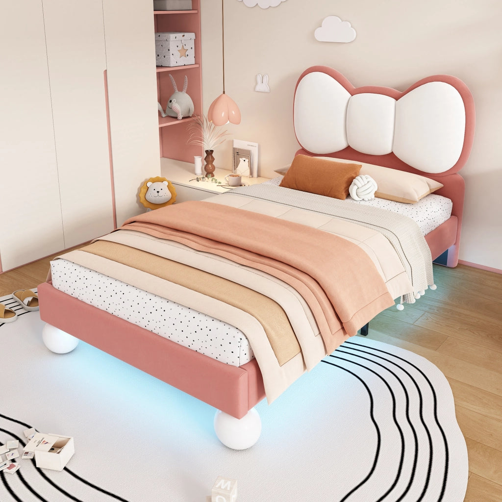 Letto per Bambini 90×200 cm; Letto Singolo con LED Regolabile e Testiera a Farfalla; senza Materasso; Velluto Rosa e Beige