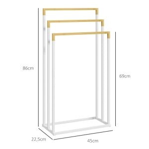 Portasalviette autoportante a 3 livelli in acciaio e bambù, bianco, 45 x 22,5 x 86 cm