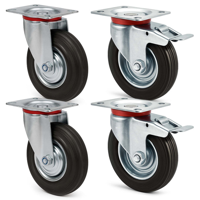 Set 4 ruote piroettanti, freno doppio blocco, Rotella 100mm max 70kg, metallo e gomma piena