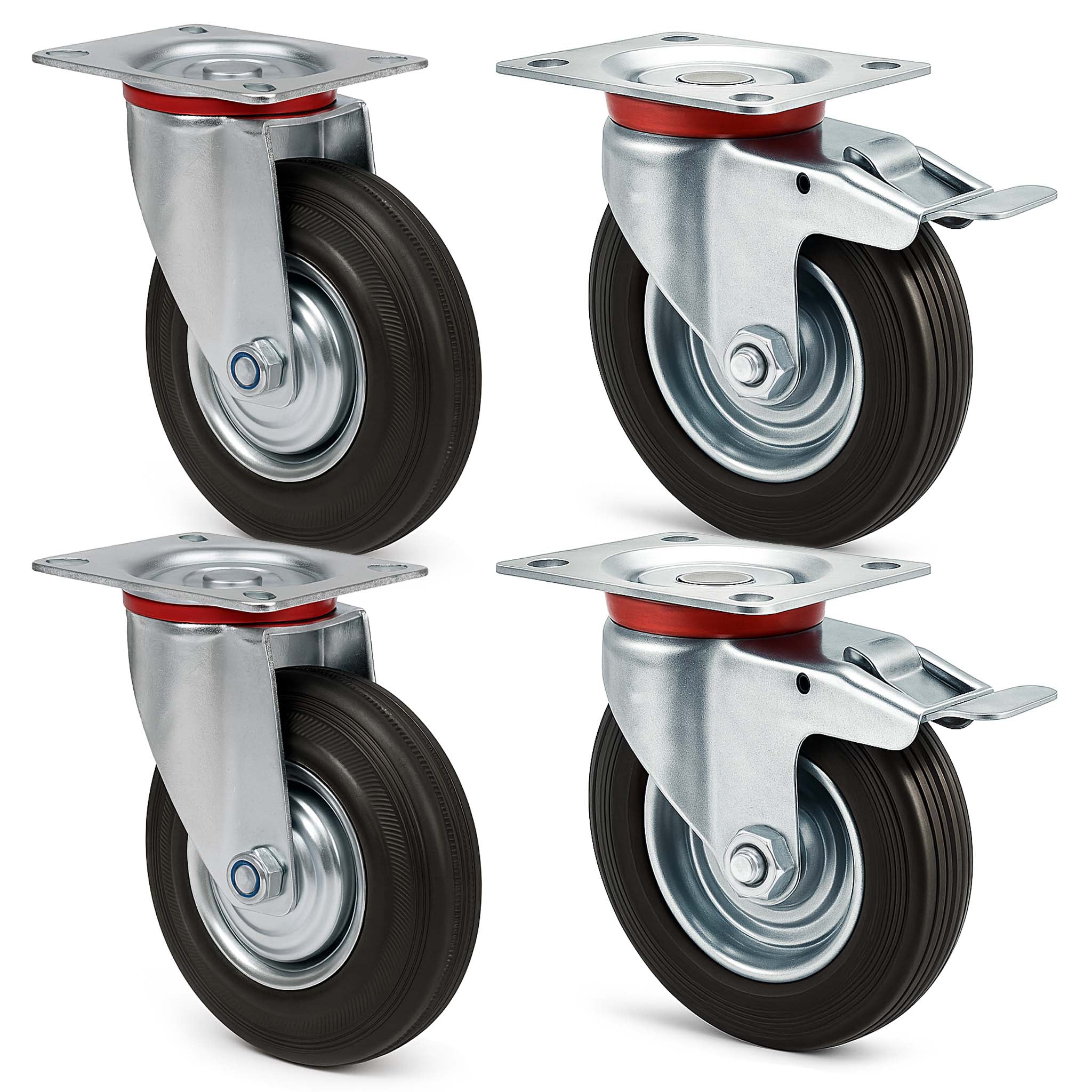 Set 4 ruote piroettanti, freno doppio blocco, Rotella 100mm max 70kg, metallo e gomma piena