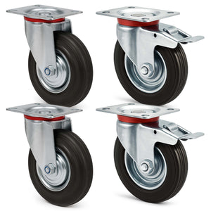 Set 4 ruote piroettanti, freno doppio blocco, Rotella 100mm max 70kg, metallo e gomma piena