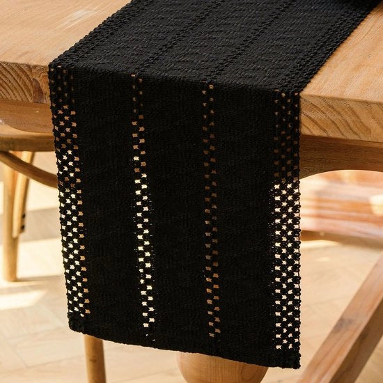 Tavolo da pranzo in macramé moderno boho con tovaglia in lino cotonato per piccoli tavoli in stile rurale e rustico, misura 30x140 cm.