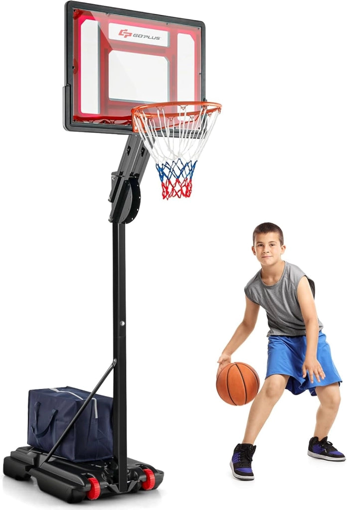 Canestro Basket per Esterno in PE, 10 Livelli di Altezza Regolabile 105-260 cm, Supporto da Basket Portatile con Ruote, Base, Pallacanestro per Interni, per Bambini e Adulti