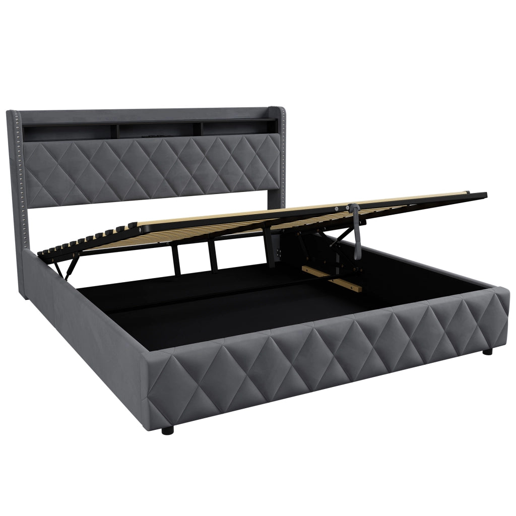 Letto Imbottito 180x200 cm con Contenitore, LED e USB, Grigio Scuro
