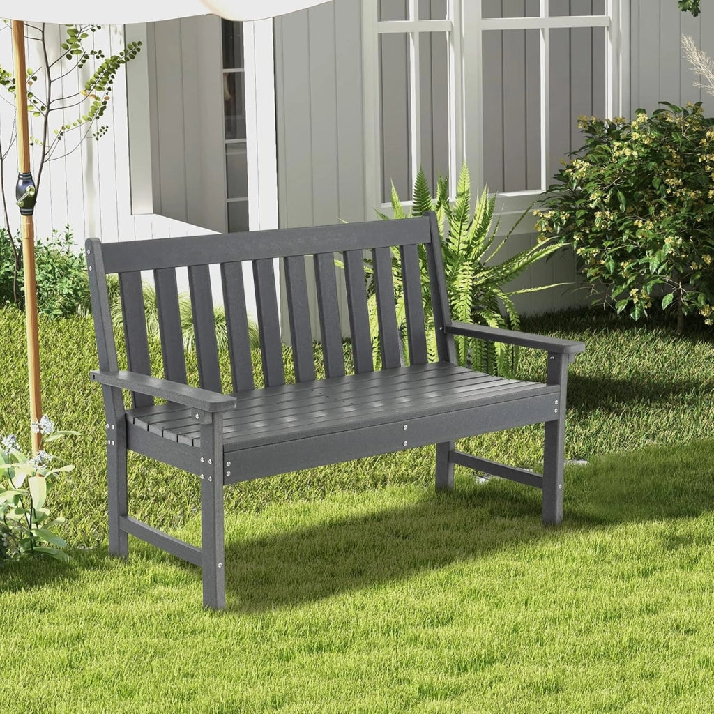 Panchina da Esterno, Panca da Giardino in HDPE Resistente con Schienale e Braccioli, Panchina da Parco, Balcone, Spogliatoio e Cortile, 132 x 65 x 91 cm (Grigio)