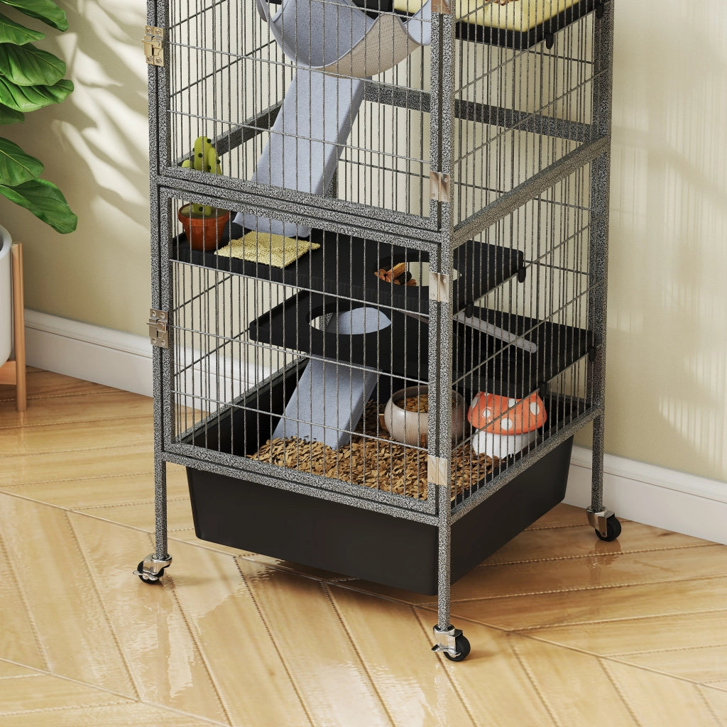 Gabbia per Piccoli Animali a 4 Livelli 52x52x115 cm con Rampe Amaca e Ruote Grigio