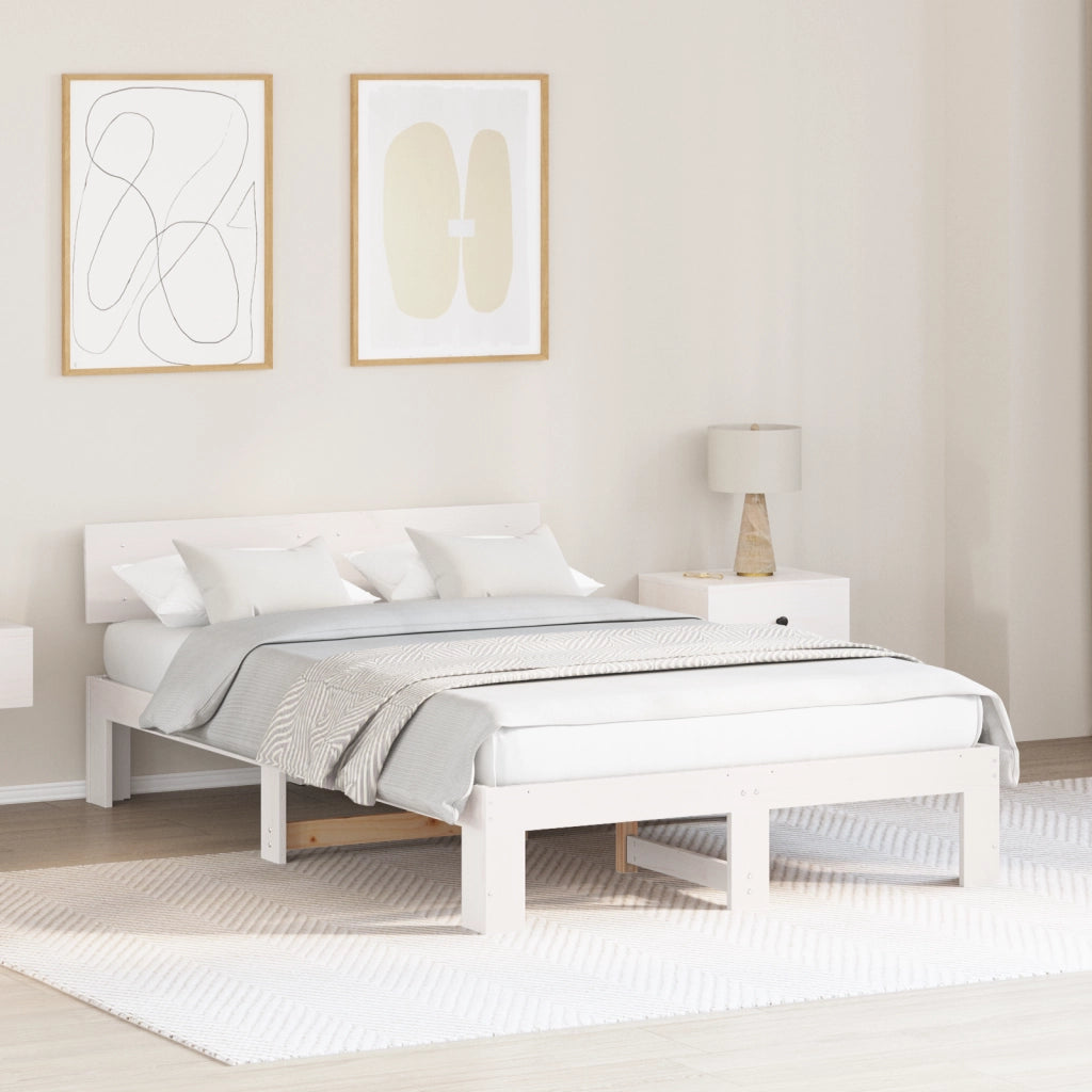 Telaio Letto con Testata Bianca 140x190 cm Legno Massello di Pino