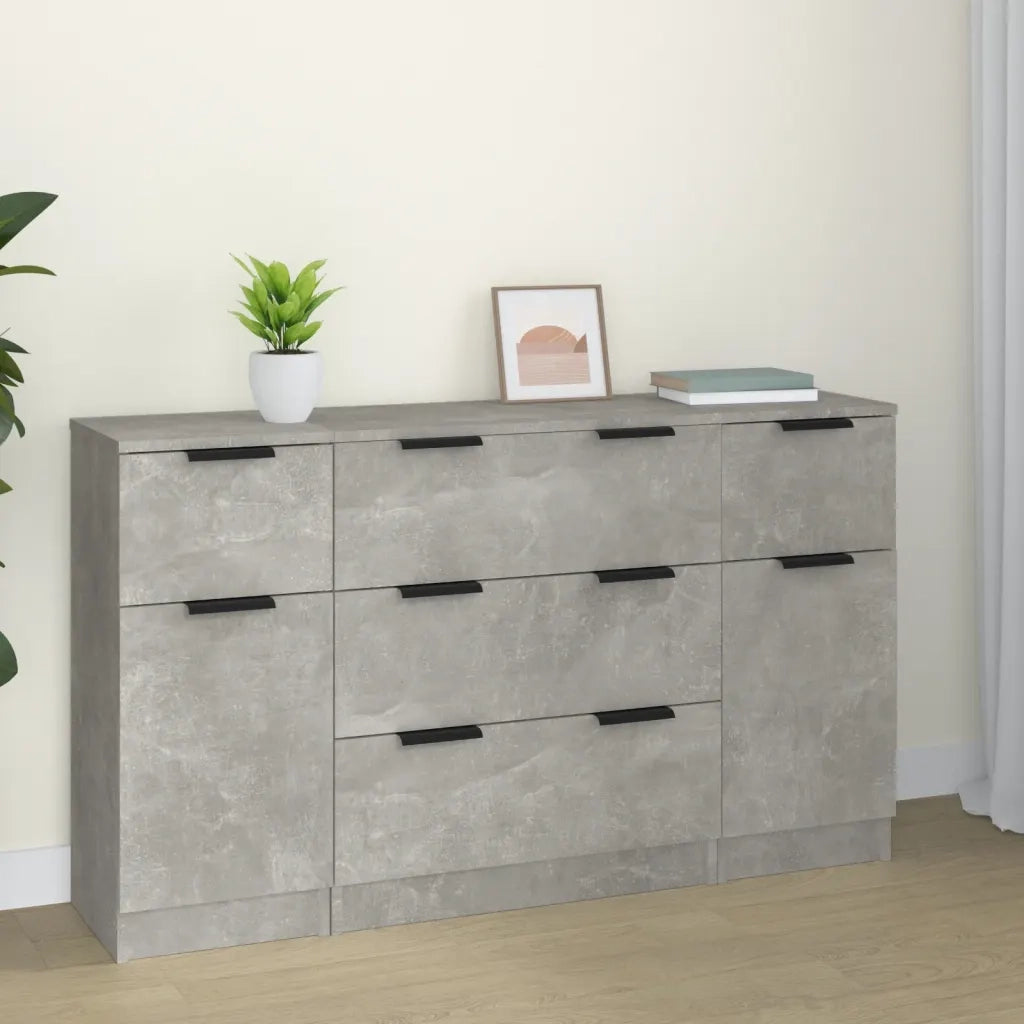 Set di Credenze 3 pz | Madia | Buffet da pranzo | Armadio da pranzo Grigio Cemento in Legno Multistrato