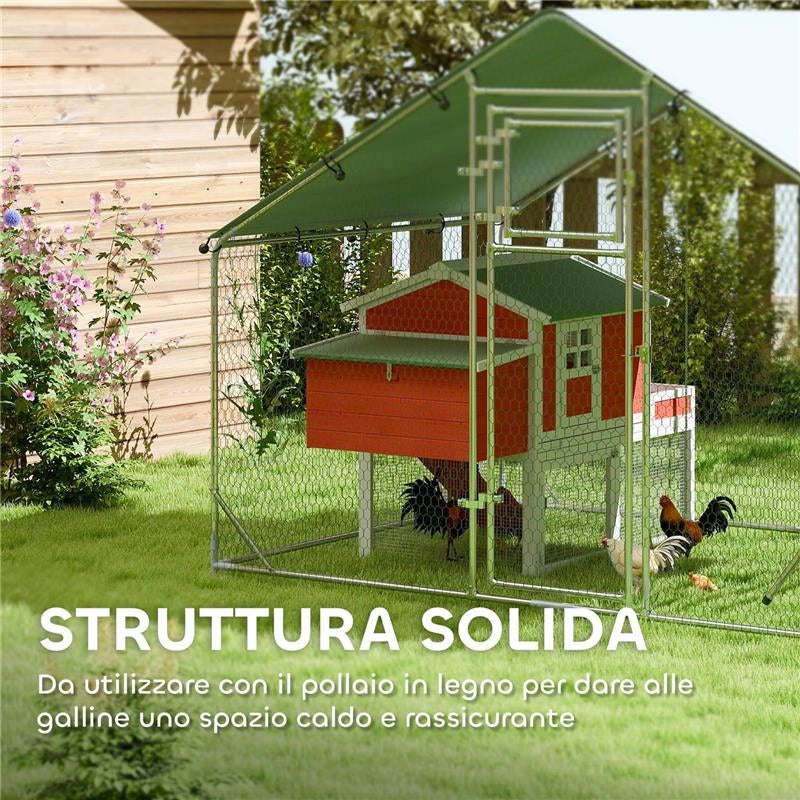 RECINTO PER GALLINE DA 6M¦ PER 6-8 ANIMALI CON TETTO IMPERMEABILE MANGIATOIA E POSATOIO 3X2X1.9M ARGENTO