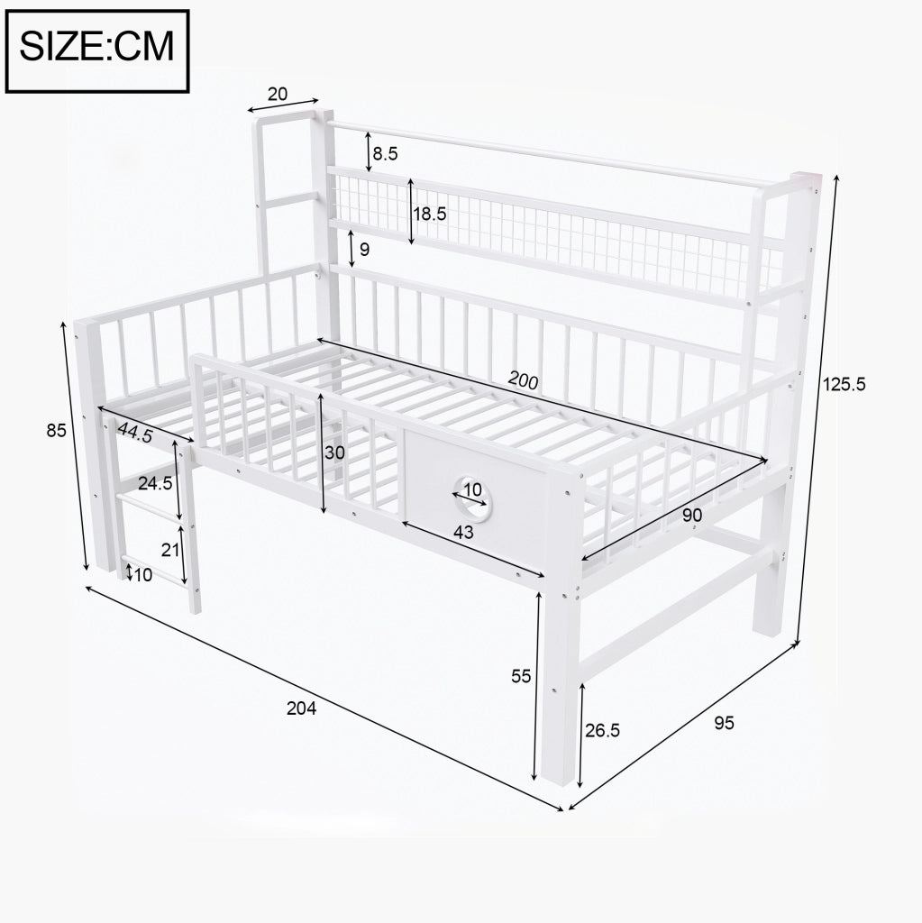 Letto a soppalco basso per bambini 90x200 cm in metallo e MDF; bianco