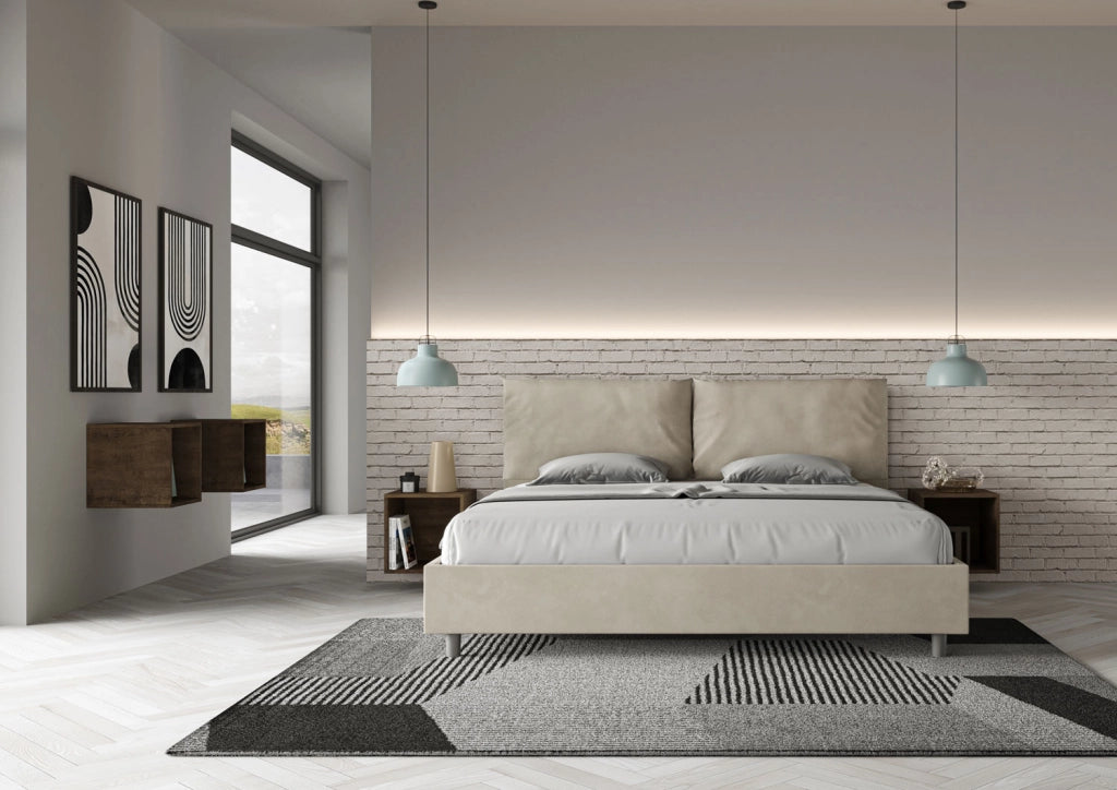 BS COM Letto matrimoniale king size contenitore imbottito 200x210 microfibra sabbia