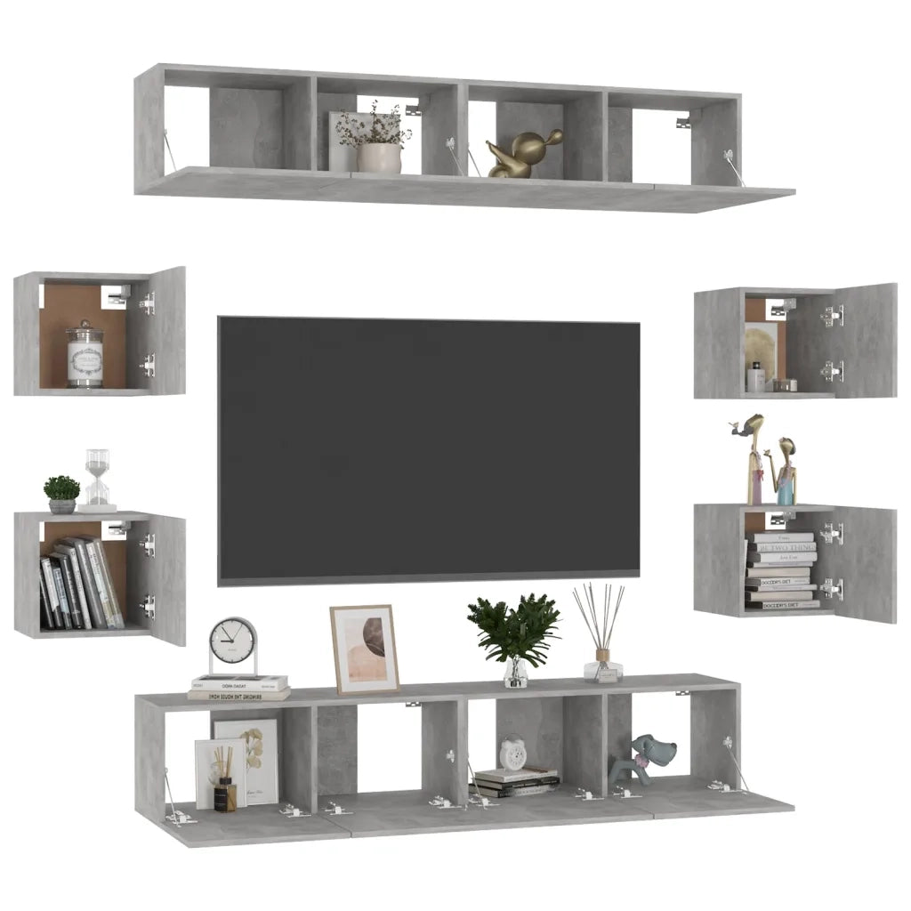 Set di Mobili Porta TV 8 pz | Armadietto TV | Mobile Porta TV Grigio Cemento in Legno Multistrato