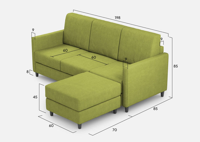 Divano 3 Posti con Pouf 198x155x85 cm Karay in Tessuto Verde