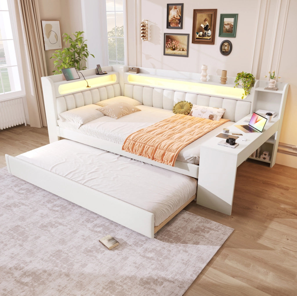 Letto imbottito 140x200 cm con letto estraibile; scrivania e LED in MDF; compensato; bianco
