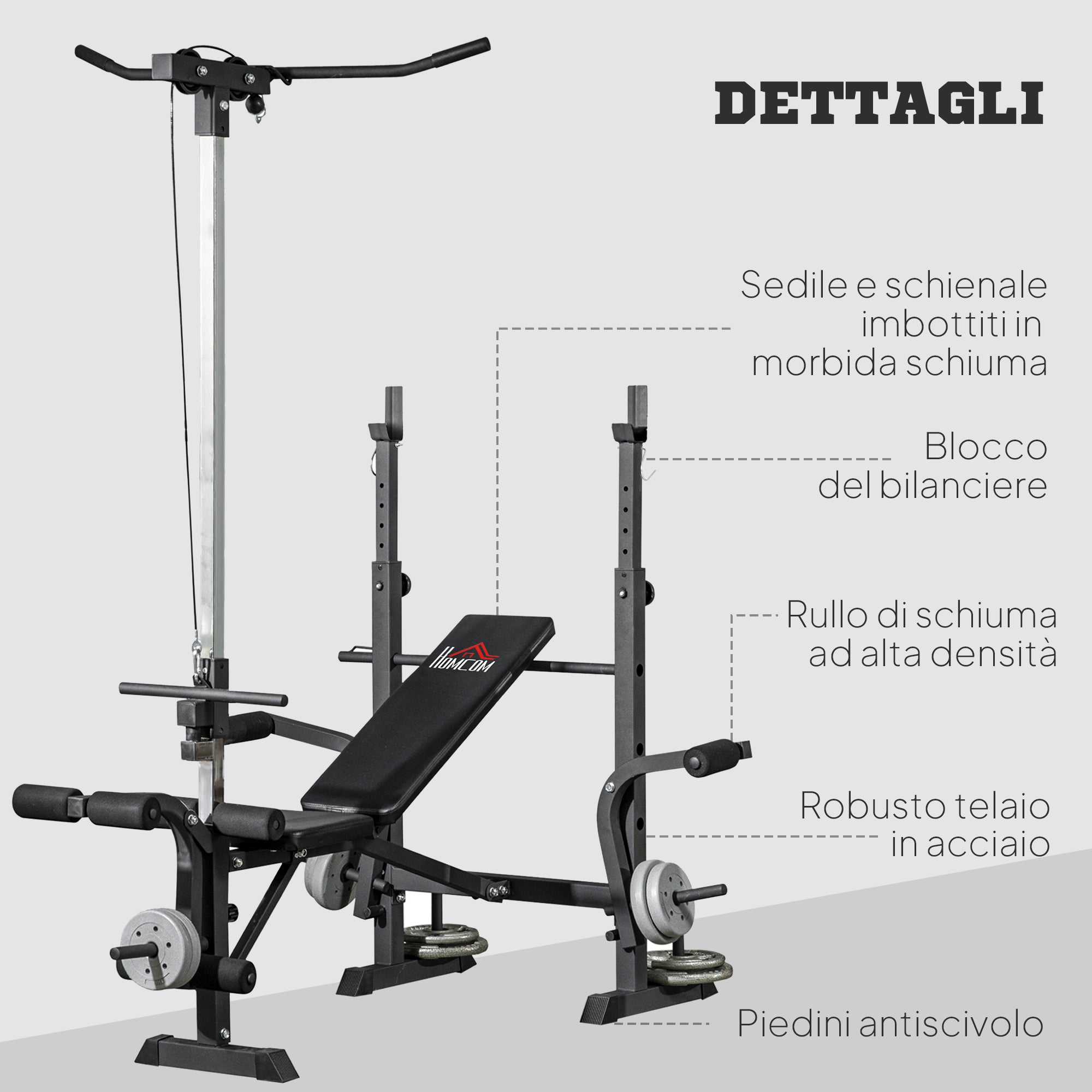 Panca Fitness 180x134x200 cm con Leg Press Squat Rack e Leg Extension in Acciaio e PU Nero e Argento