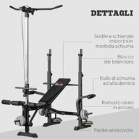 Panca Fitness 180x134x200 cm con Leg Press Squat Rack e Leg Extension in Acciaio e PU Nero e Argento