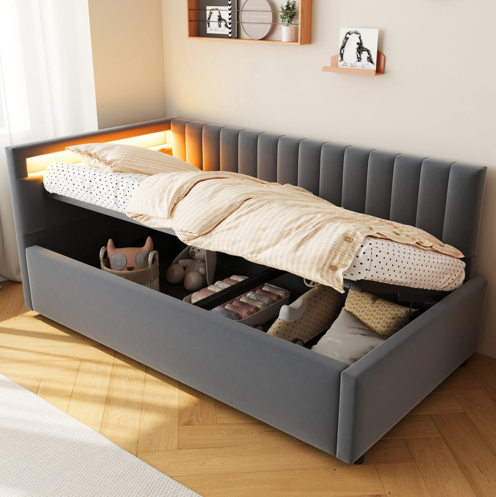 Divano letto 90x200 cm con LED e contenitore; velluto grigio (Senza materasso)
