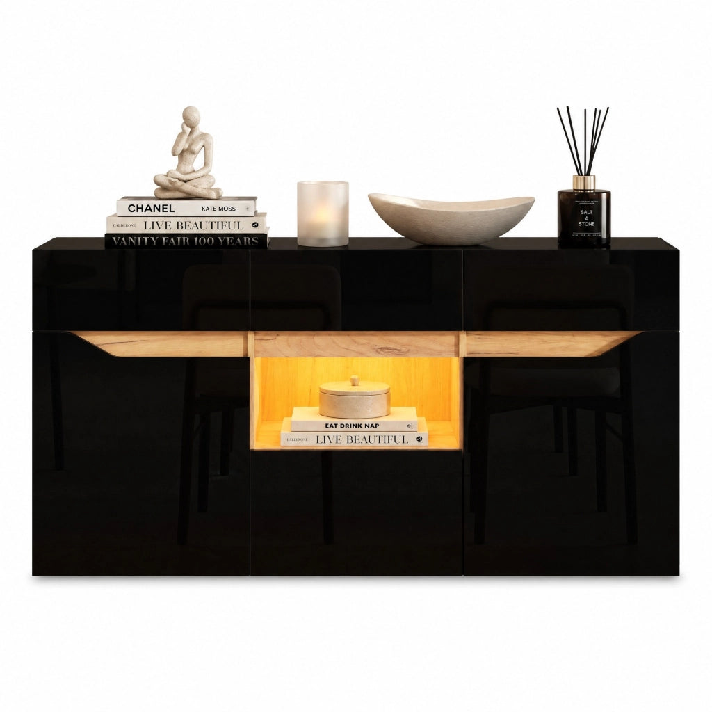 Credenza soggiorno con LED 140x40x70 cm; 4 cassetti e 2 ante in truciolare nero