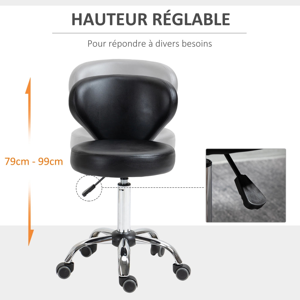 Sgabello da lavoro con rotelle e schienale ¨C Zephmum ¨C Struttura in metallo cromato, rivestimento nero, altezza regolabile 49-64 cm