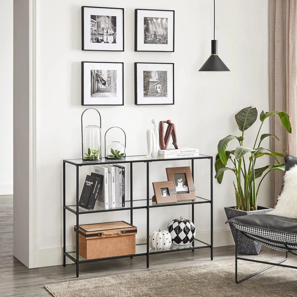 VASAGLE Consolle Ingresso, Tavolo Consolle, Scaffale a 3 Ripiani in Vetro Temperato, 30 x 100 x 73 cm, Struttura Metallo, Corridoio Soggiorno Camera da Letto, Nero LGT027B01
