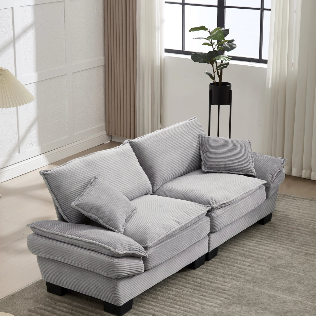 OKWISH Divano Lineare 2 Posti, Seduta Extra Profonda con Braccioli Imbottiti e 2 Cuscini, Velluto Grigio Chiaro, 224 × 81 × 81 cm