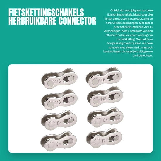 Connettori per catena da bicicletta in acciaio inossidabile - 8 pezzi - connettori riciclabili - 11 rapporti di ingranaggio - duraturi - dimensioni 20 x 5,5 x 7 mm - catena da bicicletta