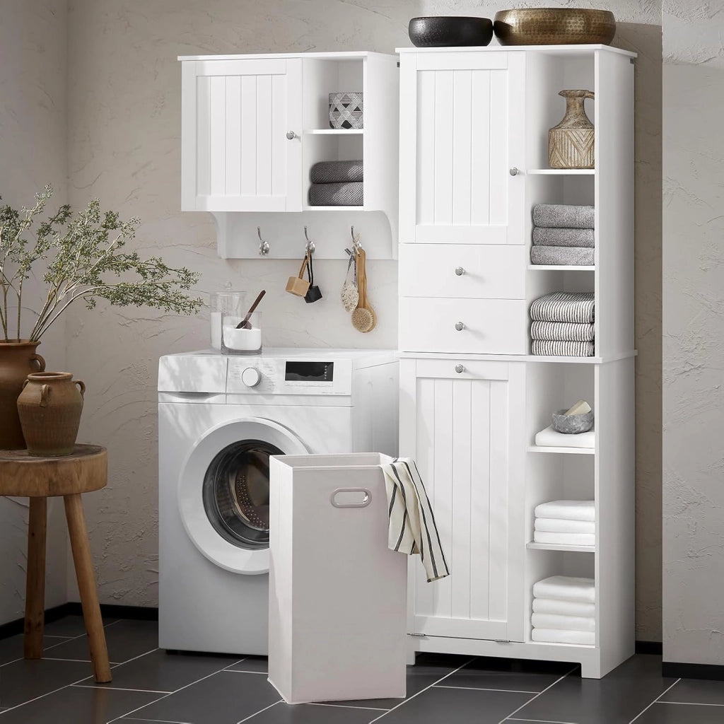 Mobile Bagno con Cesto per Linge Mobile Rangemento Alto Armadio Bagno con 6 Ripiani e 2 Cassetti Mobiletto Salvaspazio Bianco 60x37x171 cm BZR104-W