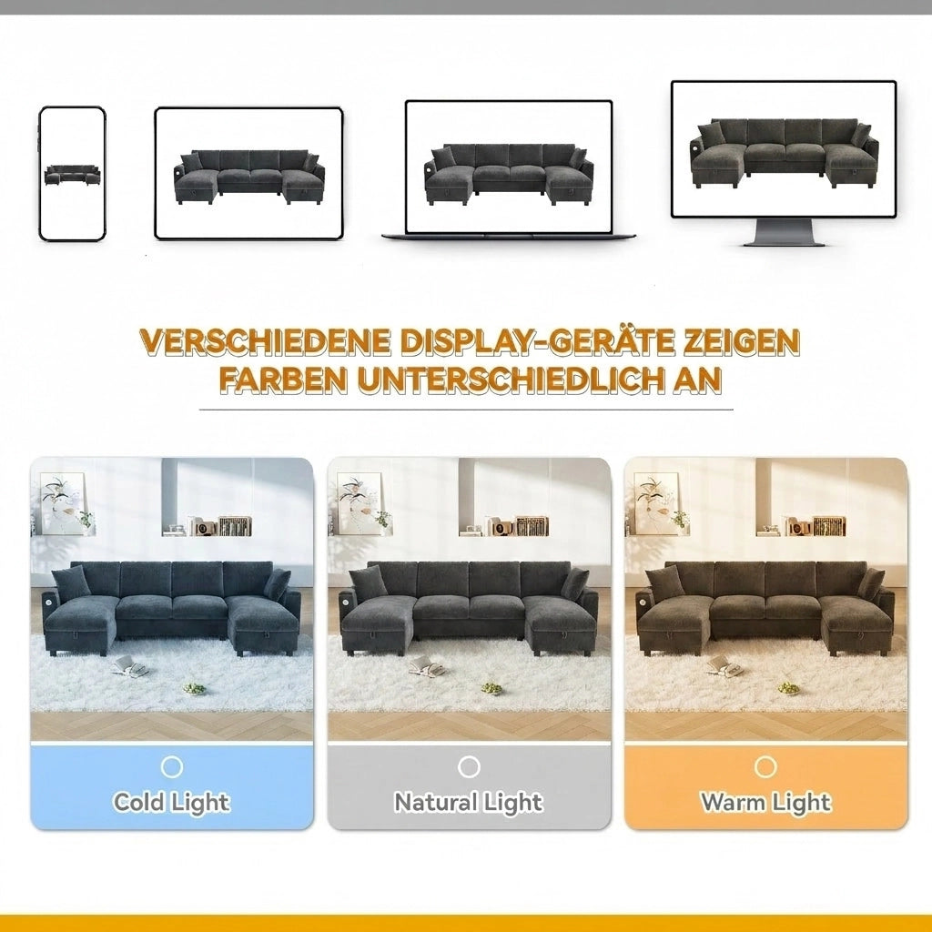 Divano a U con chaise longue e vano contenitore, 1 USB e 1 Type-C, in chenille grigio 279 × 135 × 84 cm