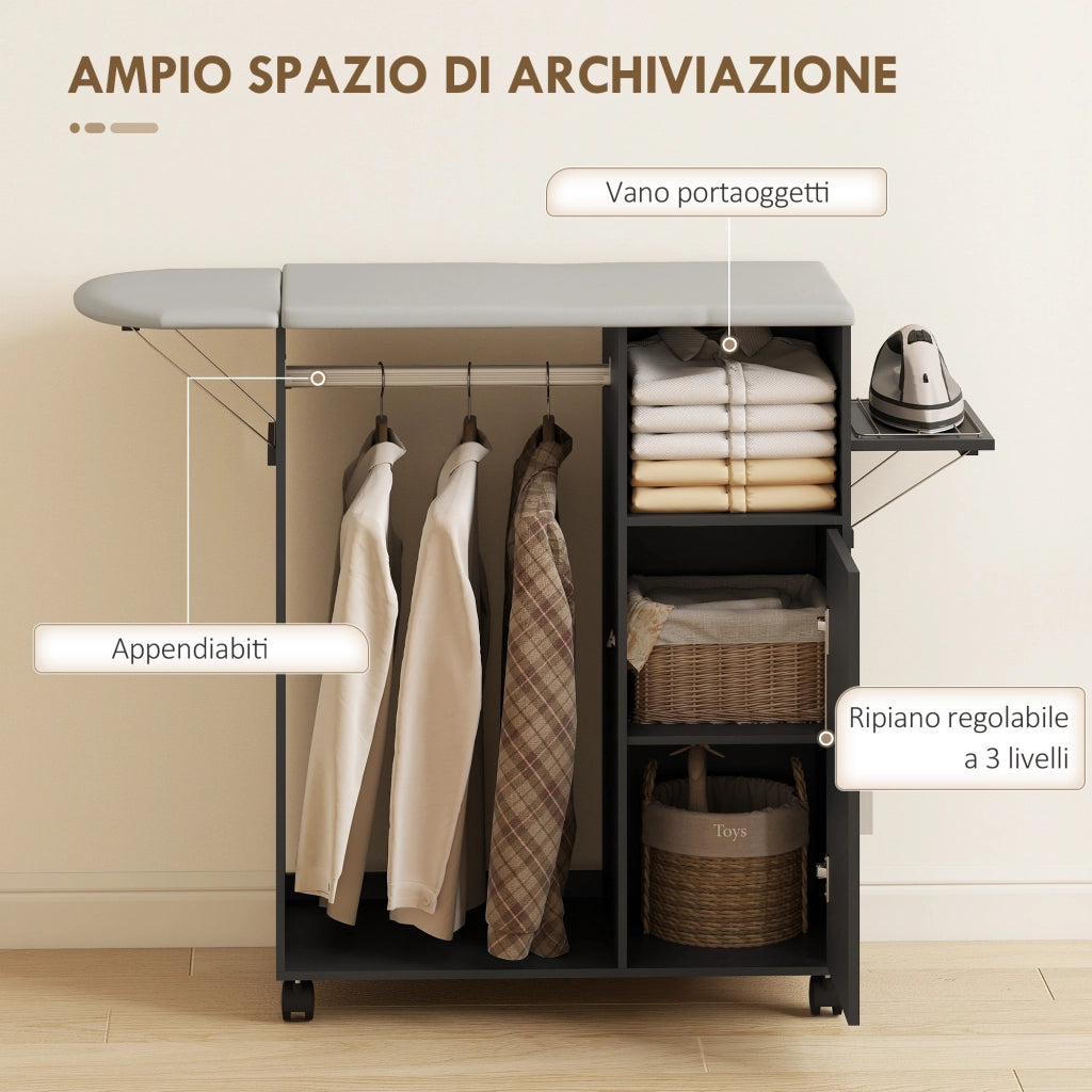 Mobile Asse da Stiro con Piano d'Appoggio Effetto Lino. 3 Ripiani a Cubo e Guida. 127x42.5x99 cm. Nero