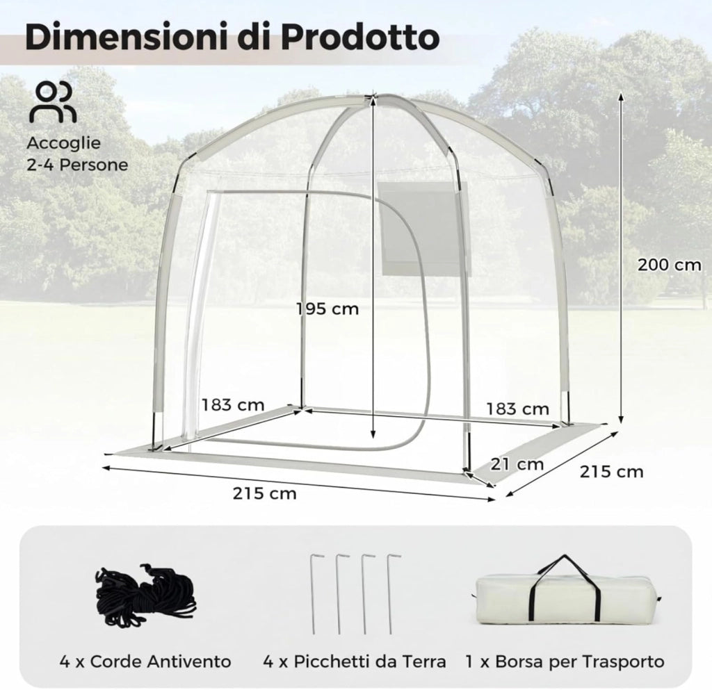 Tenda a Bolla Trasparente per 2-4 Persone, Vista Panoramica a 540°, Tenda Sportiva Pieghevole con 4 Corde Antivento, 4 Picchetti e Borsa per Eventi Sportivi, Pesca e Campeggio