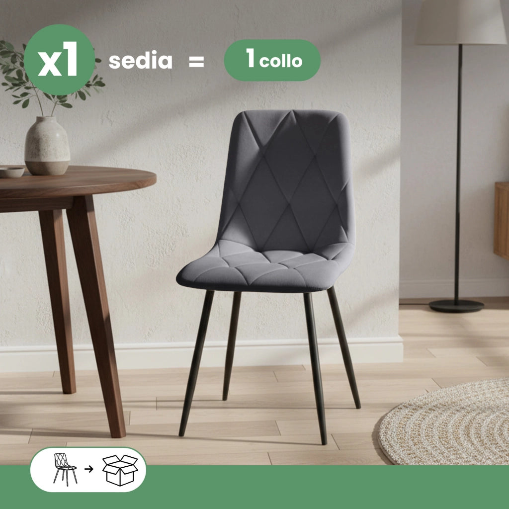 Sedia in velluto trapuntata MILO Grafite Scuro gambe nere