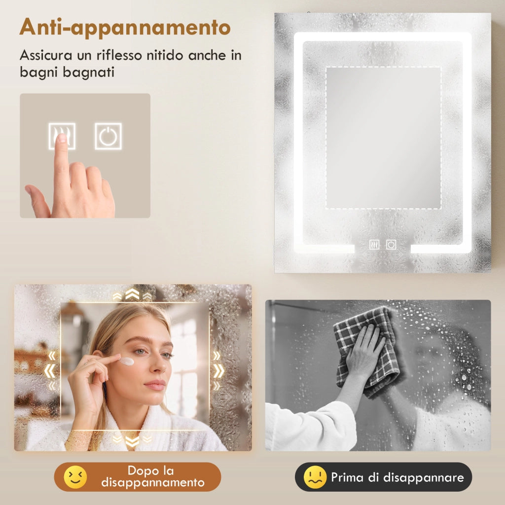 Armadietto Bagno con Specchio 50x15x60 cm Luce LED Regolabile e Sistema Antiappannamento in MDF Bianco