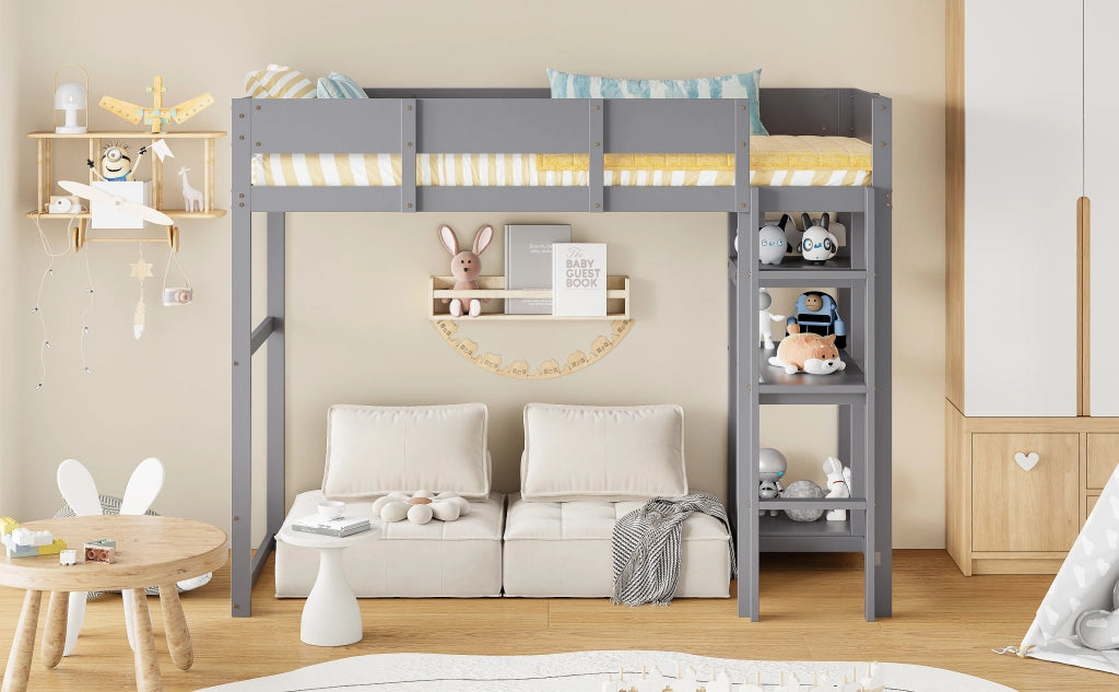 Letto a soppalco per bambini 90 × 200 cm con ripiano e barriere di sicurezza, senza materasso, in legno grigio