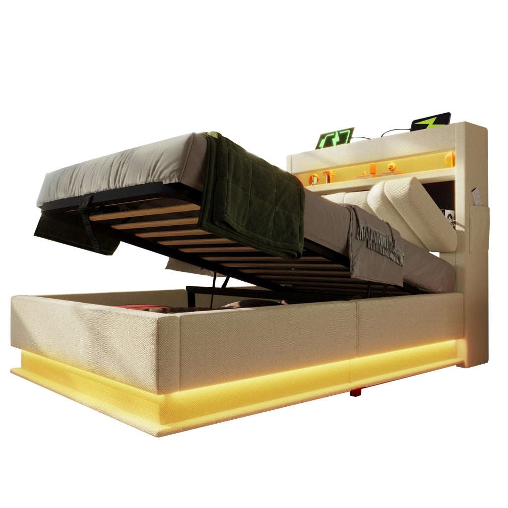 Letto imbottito 90x200 cm con contenitore, LED e USB/USB-C in lino beige