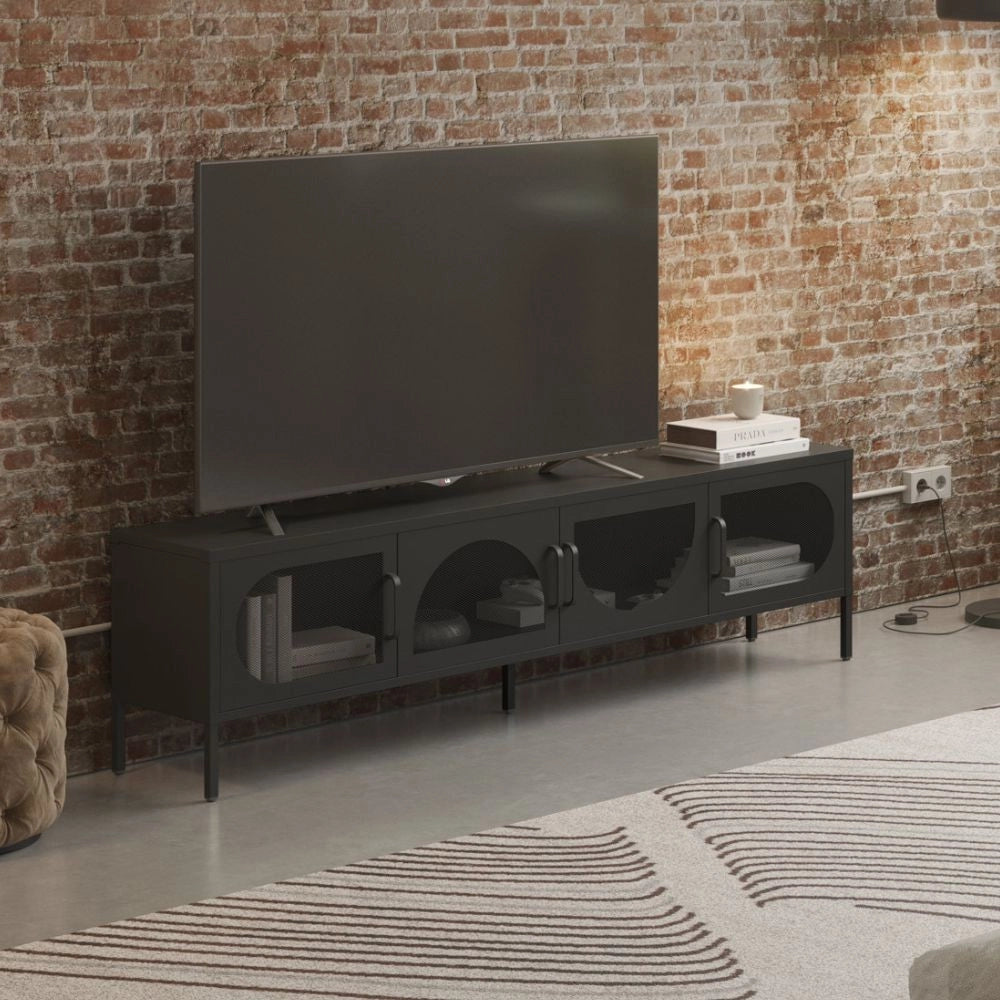 Porta TV in metallo Tayra con 4 ante reticolate nero 180x35x50H – Stile moderno e anima industrial